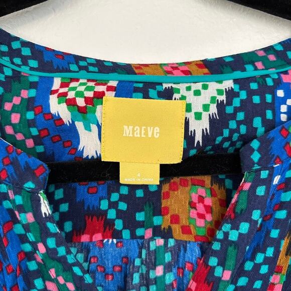 Maeve Anthropologie Pintuck Aztec Pattern Roll Tab Sleeve Tie Button Blouse 4 - Picture 5 of 11